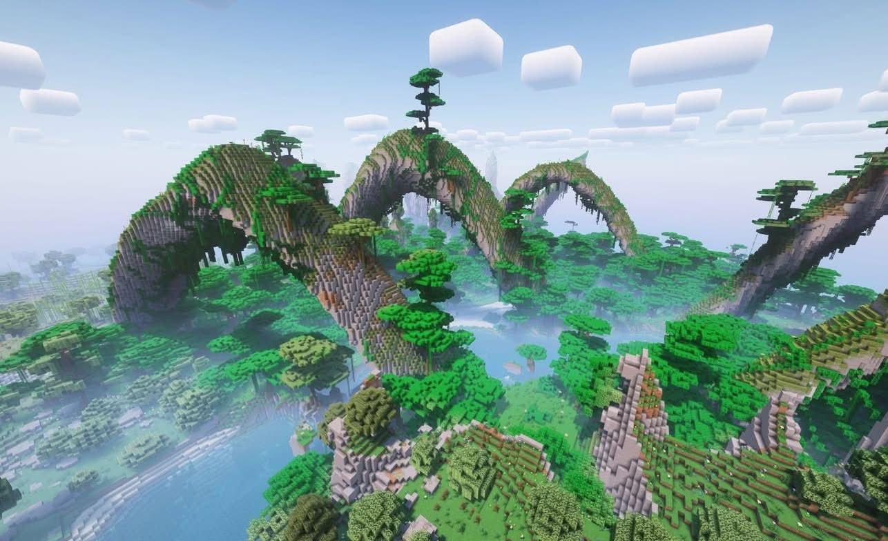 Minecraft jungle landscape with great stone arches, green treetops, and a winding river